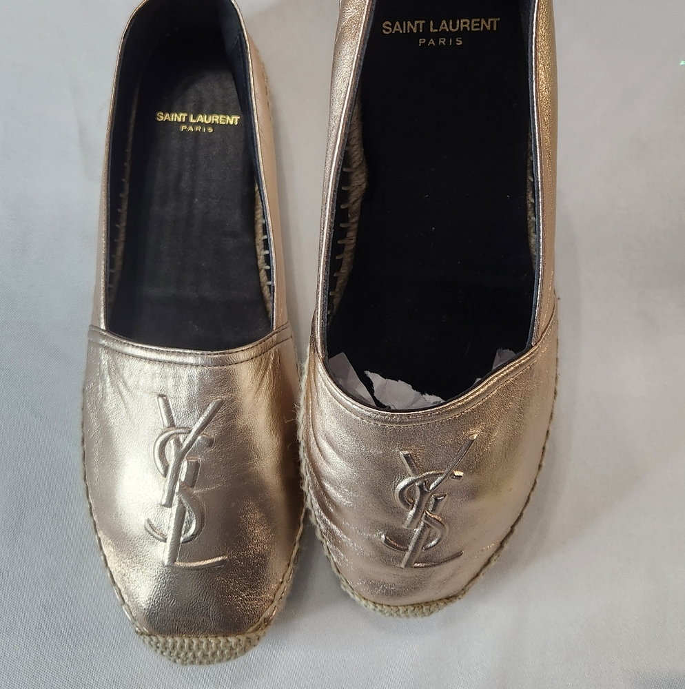 SAINT LAURENT Paris Gold Espadrilles SIZE 37 EU Bling Flats, Metallic